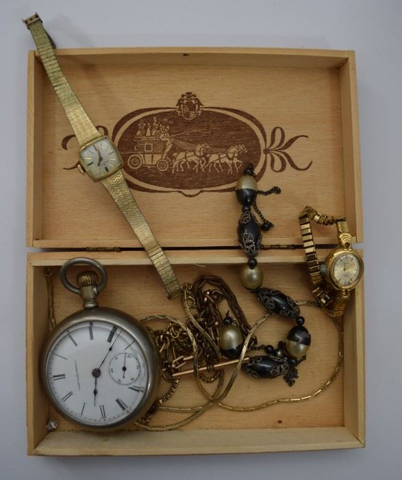 Box of jewelry featuring 1893 pocket watch