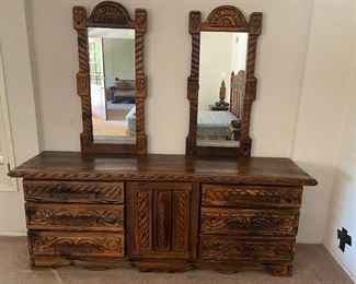 NOW 7 PIECE SET TODAY ONLY $150.00 ALL!! c.1960 Big Sur “Hippy Furniture “.  Carved Wood with pyro burnt finish.  Really neat and rare to find an entire suite!   Has a Monterey Furniture feel that is perfect for a California Ranch Or Spanish Revival home.   