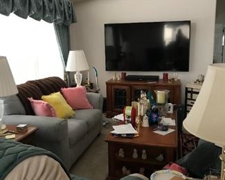 2 recliners at only $60!  No stains or tears.  Microsuede couch in Caribbean Blue, beautiful, no tears or stains only $175.  Solid Hardwood Coffee table, side tables, TV table all with etched/stained glass, priced to sell fast!