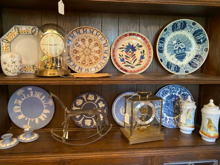 1800s plates, wedgewood, nice book shelf, french pottery