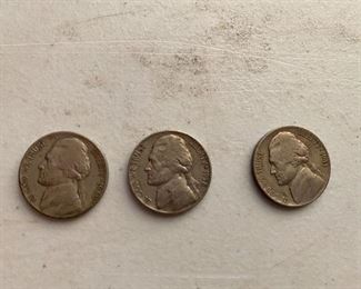 3 Nickels 1941, 1958, 1939 $5.00