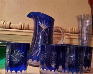 Beautiful cobalt blue cut to clear pitcher and glasses