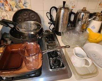 Assorted Kitchen Pots, Pans, Dishware, Glassware, China, Etc.