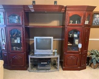 Large mahogany entertainment center, TV stand and small TV