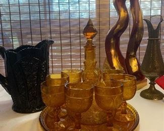Amber glass decanter set