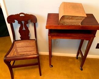 Vintage Rolling Book Stand/Lectern, Cane Bottom Chair & Webster's New International Dictionary 2nd Edition!