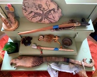 Native American Peace Pipes, John Running Frags Rock Art, Woodcarving Signed by R. Numkena, Etc