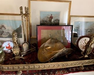 Vintage Lion Solid Brass Andirons, Fireplace Fender with Lion Paw Feet, Lion Fireplace Tools, & Brass Log Holder w/Lion Paw Feet!