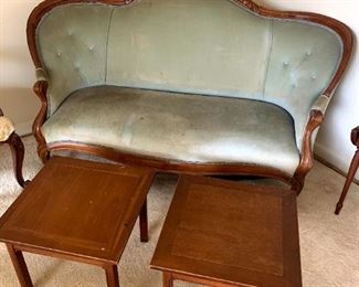 Carved Walnut Frame Victorian Settee, Imperial Furniture Grand Rapids, MI. Side Tables!