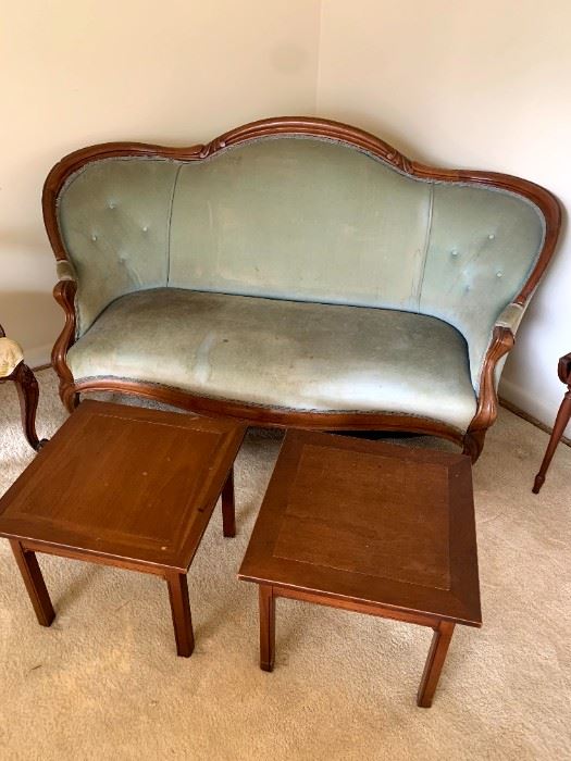 Carved Walnut Frame Victorian Settee, Imperial Furniture Grand Rapids, MI. Side Tables!