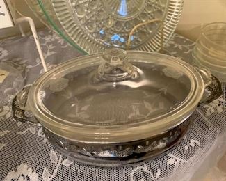 Vintage Floral Etched Pyrex w/H. Lerner Brooklyn, Mass Silverplate Cradle!