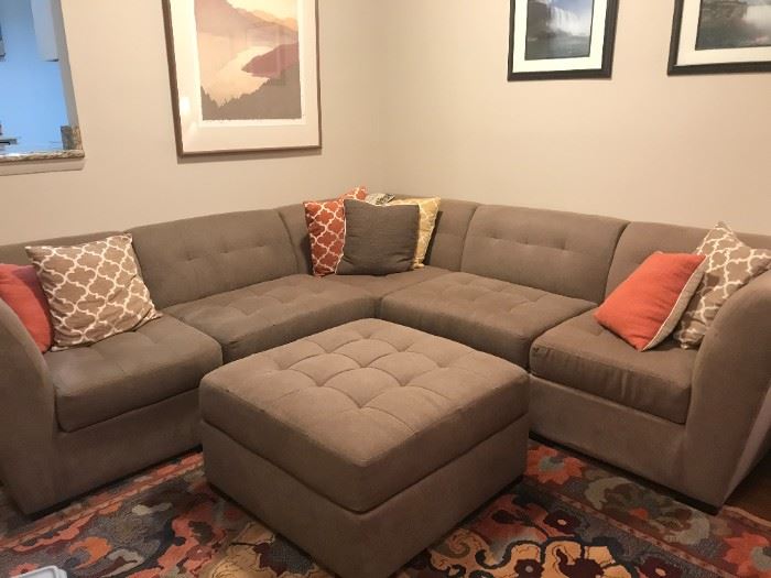 L Shaped Sectional, Taupe, with Ottoman.  approx 100"x100"