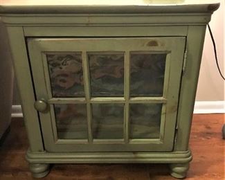 Antique Green End table with Front Door and 2 shelves.  25"x16"