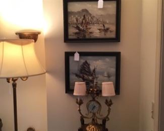 Two Paintings by Dang $95 each, Vintage Mahogany Three Tier Stand $38, Gilt Metal Sconce with Clock $65