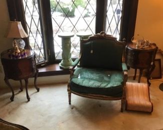 Antique Napoleonic Gilt Chair $895, Plaster Lion Stands $20 each, Pair of Inlay Stands $165