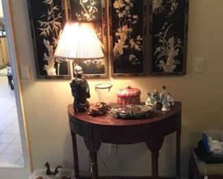 Chinese Demilune Table $395, Four Panel Wall Screen $80, Bronze Figural Lamp $65