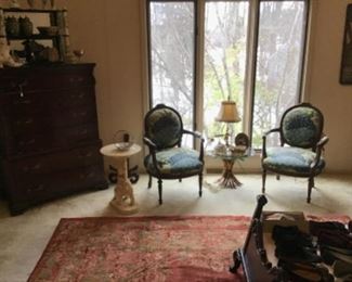 Pair of Antique Louis XVI Style Chairs $550 / Pair, Italian Gilt Wheat Table $125, Onyx Elephant Side Table $250