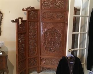 Large Hand Carved Chinese Five Panel Screen $950