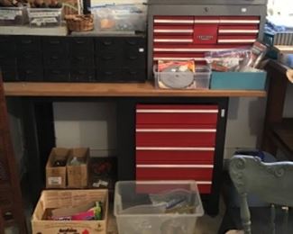 Small catalog card drawers $30, Craftsman gray and red box $185, Craftsman Table and Base $250