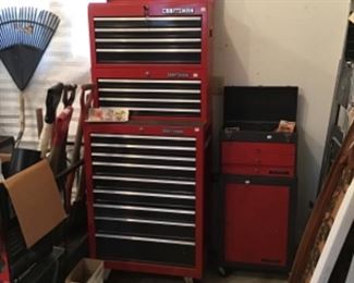 Three Pieces, Craftsman Red Metal Tool Chest (top $185, middle $150 and larger bottom with rollers $500) smaller two part chest on right $30 each piece