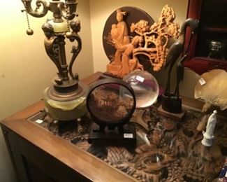 Cork Diorama $8, Lamp with onyx base $90 Wood Sculpture $15