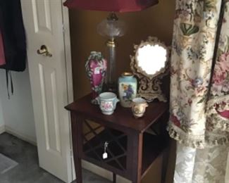 Mahogany Stand $38, Hand Painted Porcelain $10 to $20 each, Vanity Mirror $25, Lamp $48