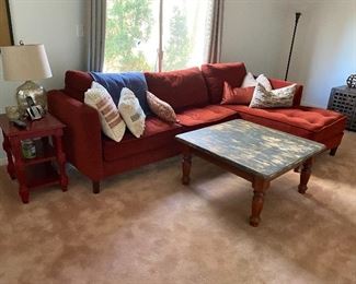 sectional sofa; end table; square rustic coffee table