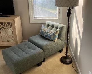 Blue upholstered chair & ottoman; wooden legs