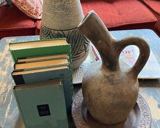 vintage books ; stone pottery