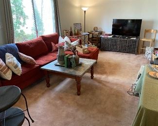 Sectional sofa, throw pillows, square coffee table; furniture & decor