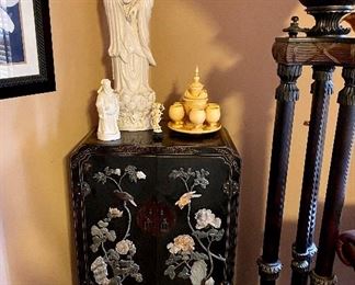 Asian vintage Chinese soap stone and hard stone Black lacquer scholars cabinet