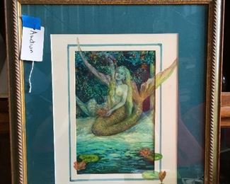 https://www.ebay.com/itm/124346982899	LAR0013 Barbara Yochum Framed art, blue trim with a blue green mermaid and lily 		 OBO 	 $299.99 
