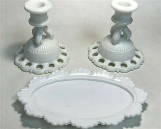 https://www.ebay.com/itm/124444325843 WL221 Vintage Doric Milk Glass Candle Holders 2 Lace Edge AND 2 butter dish Buy-it-Now $30.00