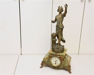 19. Bronze Patinated Metal Figural Clock On Onyx