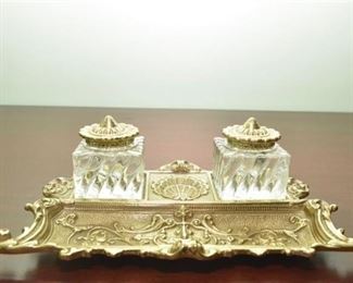 92. Bronze Inkwell With Baccarat Style Glass Bottles