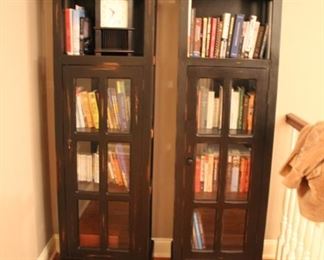 Pair distressed black bookcase cabinets