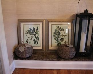 Botanical prints & pair large lanterns