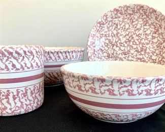 $30 for the SET of Pink and white Sponge-ware, splatter pottery with a shiny glaze. 4 pieces.