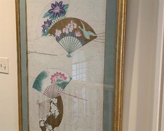 $500 for the PAIR of custom framed, hand painted on rice paper, Asian decorative fans. Artist's signature is in Mandarin. Artwork measures 21x34, with custom matting and frame, 30x43.