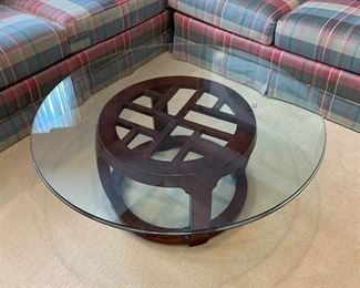 $450. Henredon Chinoiserie coffee table with glass top and wood base. Needs a good cleaning! Overall, great condition. 40"