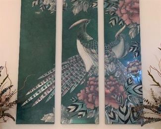$650. Three panel, hand painted, hand carved, peacocks. This piece is located high up on a wall - we are unable to see the back to note any signature or COA.