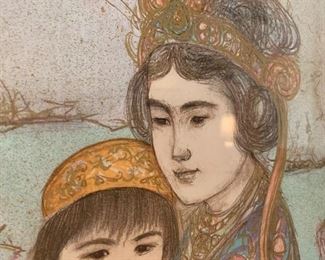 Limited edition and artist signed, 10/48 print by Edna Hibel. Mother and Child, Asian Scene, custom framed measuring 23Lx32H, with frame 35Lx45H. Certificate of Authenticity is attached, print is made of Rives material.(La Petite Gallery-Le Chateau Village) Excellent condition.