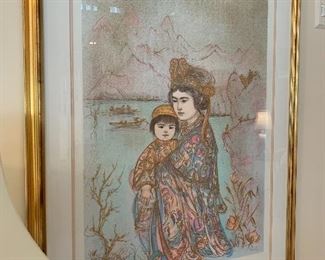$200. Limited edition and artist signed, 10/48 print by Edna Hibel. Mother and Child, Asian Scene, custom framed measuring 23Lx32H, with frame 35Lx45H. Certificate of Authenticity is attached, print is made of Rives material.(La Petite Gallery-Le Chateau Village)