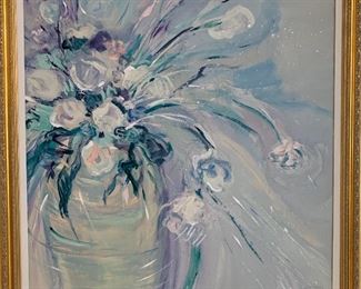$250. Original, oil on canvas, framed abstract, warm blue, floral arrangement. Artist is C. Mason, no letter of authenticity. Art is 34Lx33H, with frame 41Lx39H. Excellent condition.