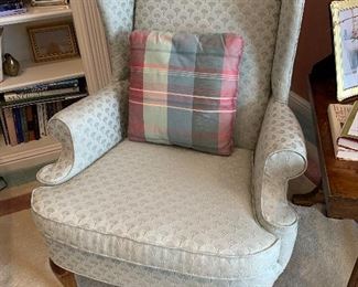 $400 for the PAIR. Two wingback chairs by Fairfield. Fabric is a seafoam green with an arch pattern. Chairs measure 31Lx25Wx42H. Excellent condition. Matching ottoman included.