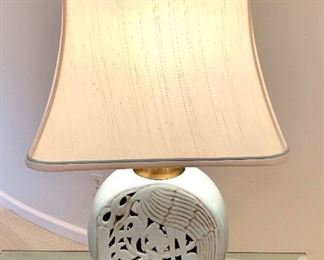 $300 for the PAIR of light blue Chinoiserie, porcelain lamps with silk shades and brass bottom. Lamps are 29H(with shade)x16Wx10D. Excellent condition.