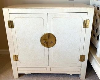 $650 for the PAIR of custom designed by Kelly Woodworking, off white, with brass detail, bedside tables/storage cabinets. Tables measure 32Lx18Wx31H. Good condition with some signs of wear.