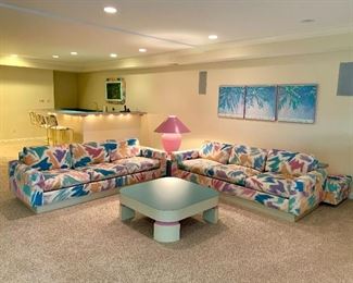 Untouched by time! SUPER fun late 80's/early 90's furnishings and decor. Custom formica solid surface coffee table, side table, and console. Custom upholsterd sofas. Sofas $400/each.