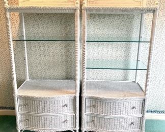 $200/each. White wicker storage shelves by Lexington. Excellent condition! *We are looking for the missing glass shelf on the left unit. 32x19x70