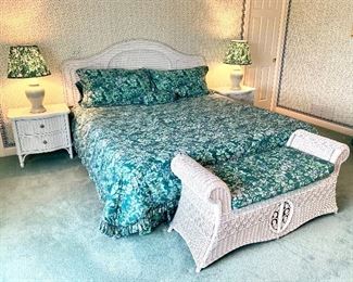 White wicker bedroom suite by Lexington. Excellent condition! PAIR of nightstands: $150, 24x18x23. KING headboard $200, 80 x 57. BENCH $150, cushion included 52x18x24.